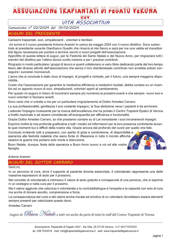 Associazione Trapiantati di Fegato Verona - Comunicato
dicembre 2024