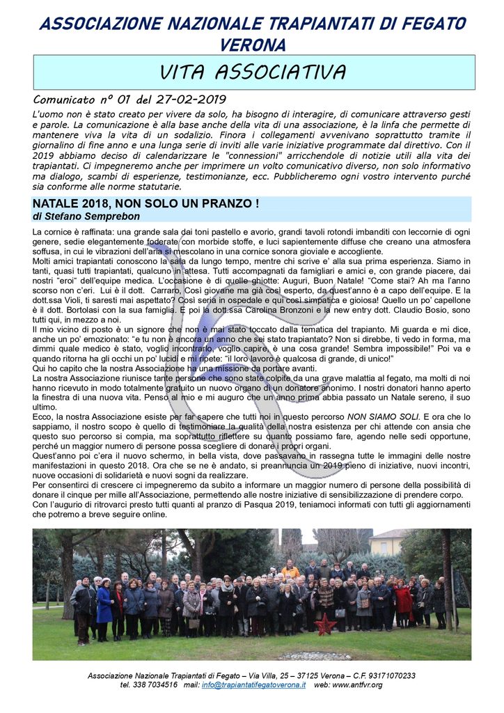 Associazione Trapiantati di Fegato Verona - Comunicato
febbraio2019