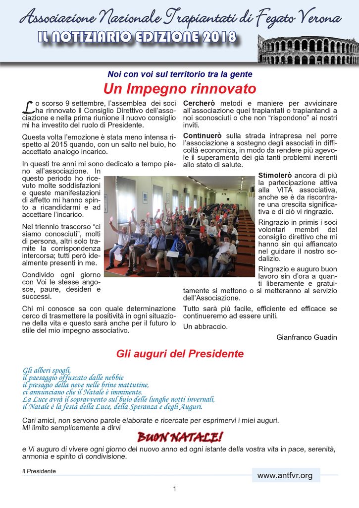 Associazione Trapiantati di Fegato Verona - Comunicato
dicembre 2018