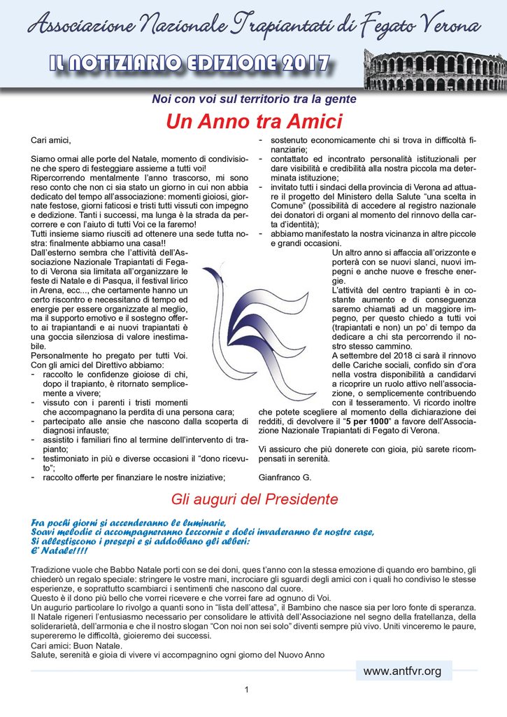 Associazione Trapiantati di Fegato Verona - Comunicato
dicembre 2017