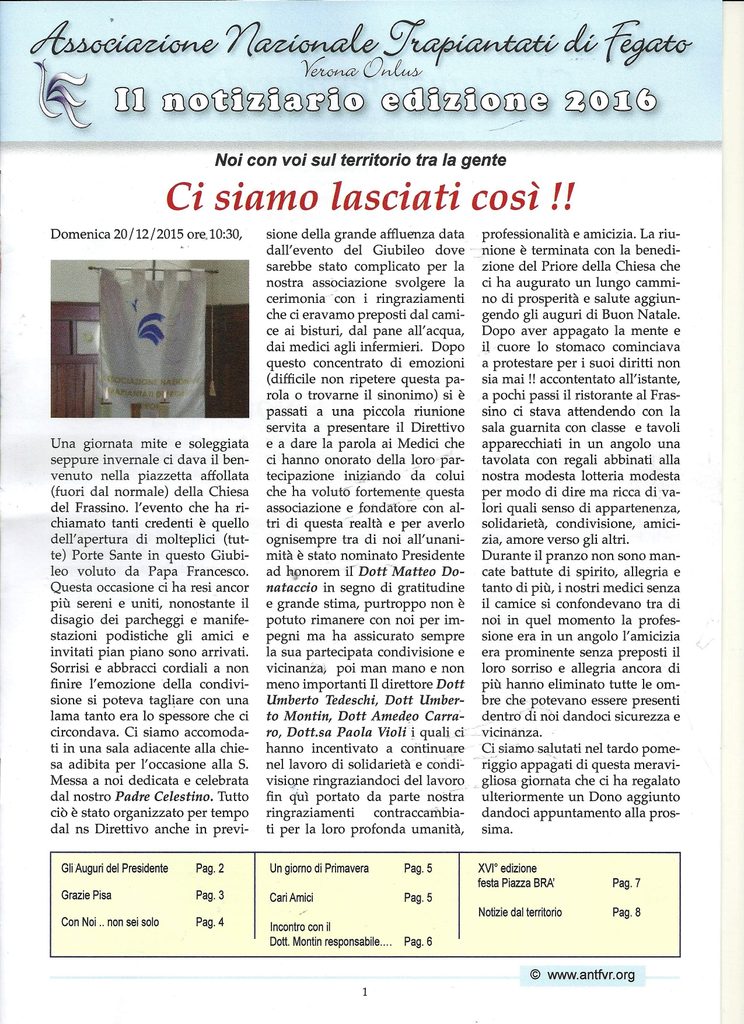 Associazione Trapiantati di Fegato Verona - Comunicato
dicembre 2016
