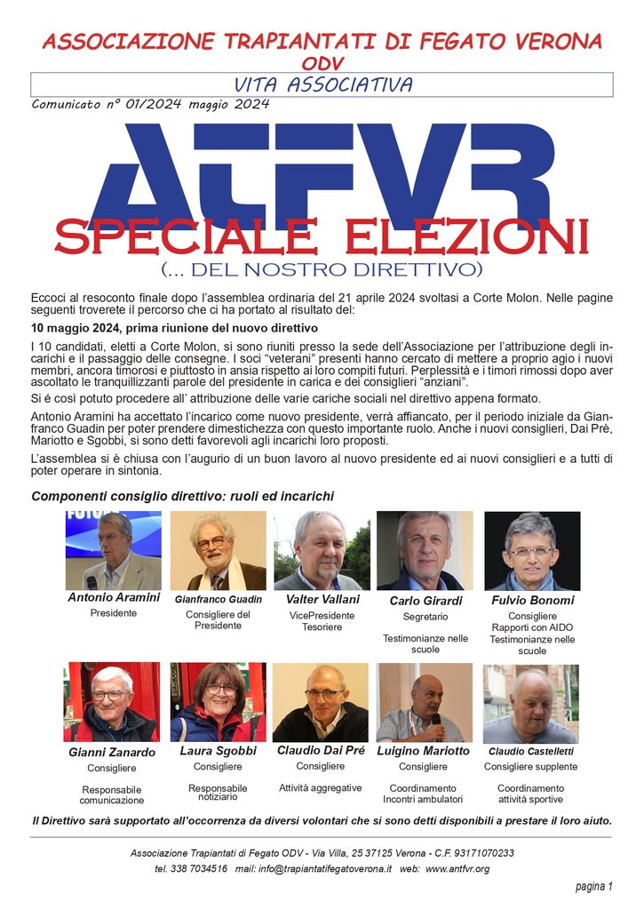 Associazione Trapiantati di Fegato Verona - Comunicato
maggio 2024