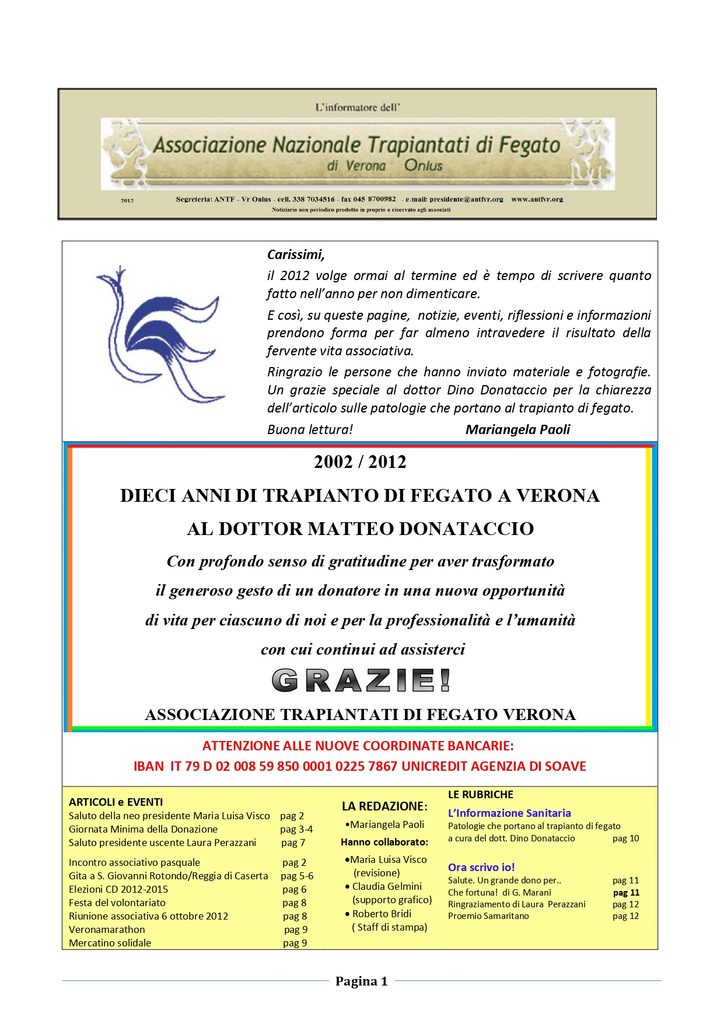 Associazione Trapiantati di Fegato Verona - Comunicato
dicembre 2012