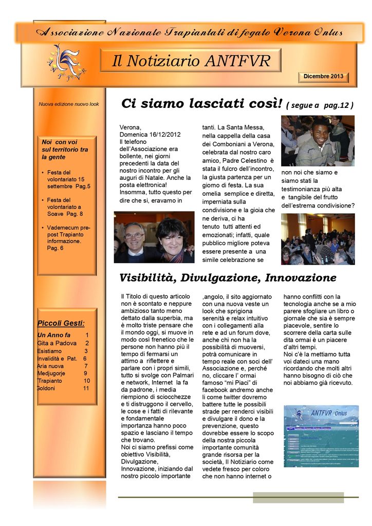 Associazione Trapiantati di Fegato Verona - Comunicato
dicembre 2013