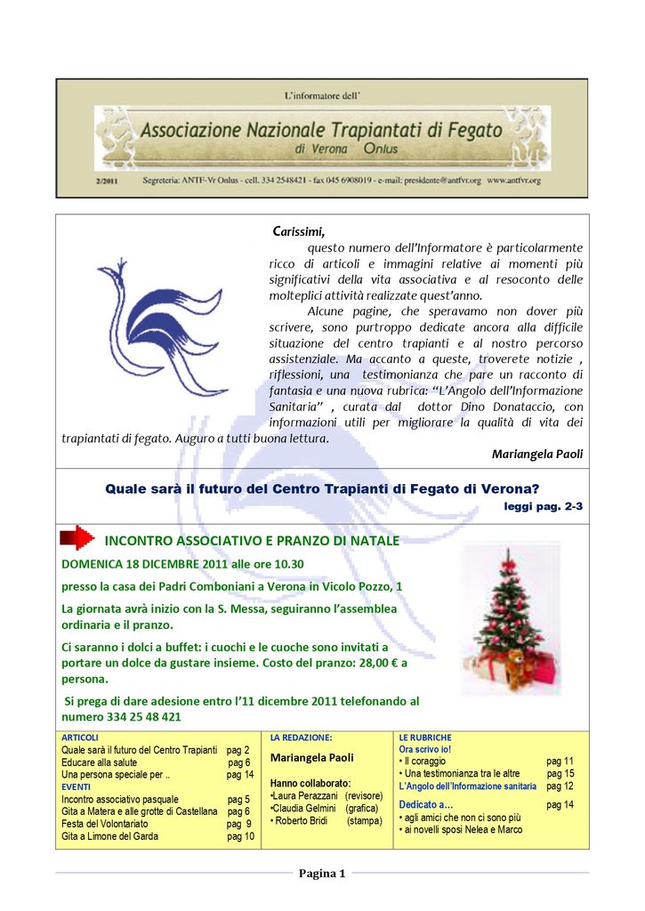 Associazione Trapiantati di Fegato Verona - Comunicato
dicembre 2011