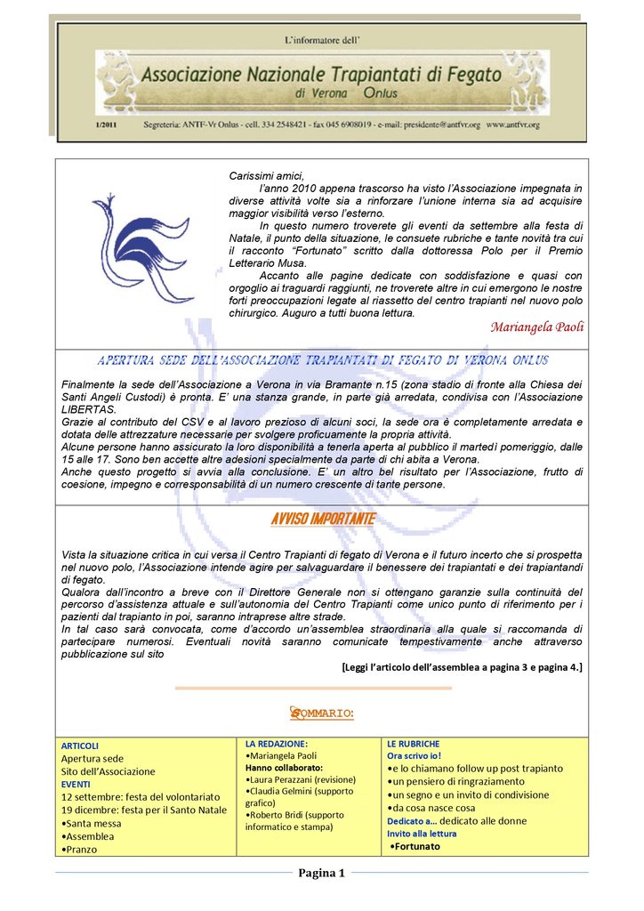 Associazione Trapiantati di Fegato Verona - Comunicato
dicembre 2010