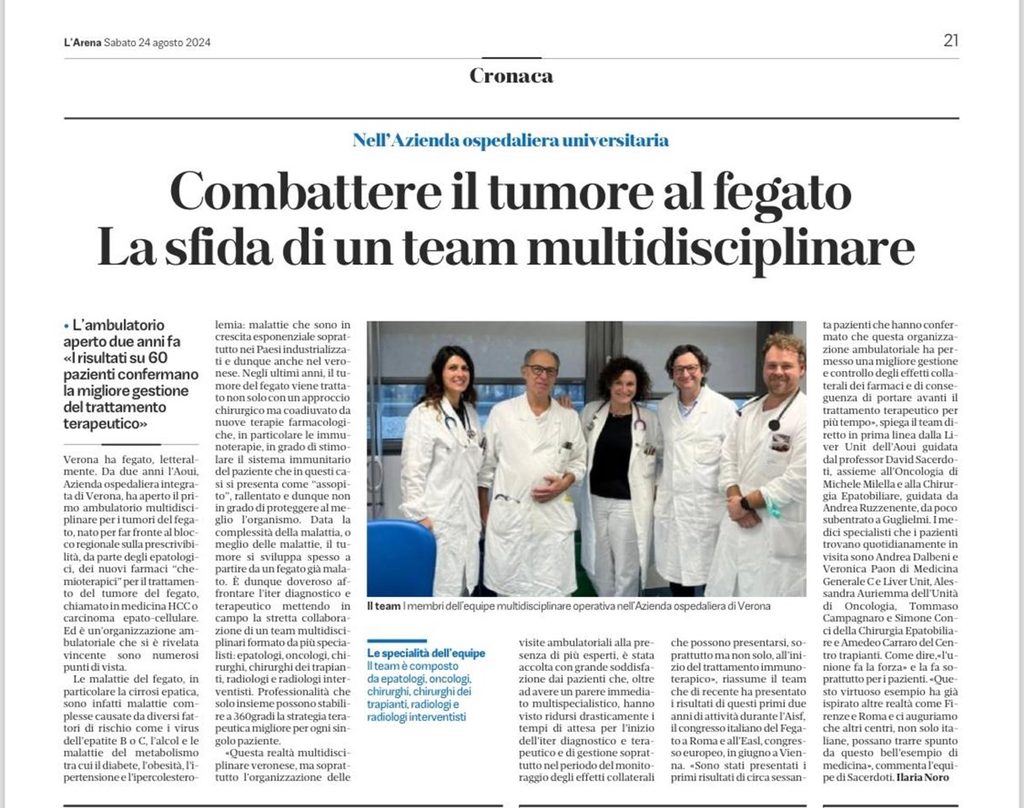 Articolo completo da L'Arena - Combattere il tumore al fegato. La sfida di un team multidisciplinare