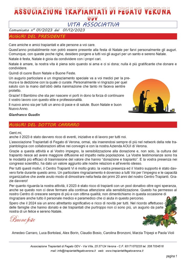 Associazione Trapiantati di Fegato Verona - Comunicato
dicembre 2023