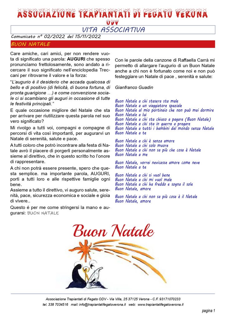 Associazione Trapiantati di Fegato Verona - Comunicato
novembre 2022