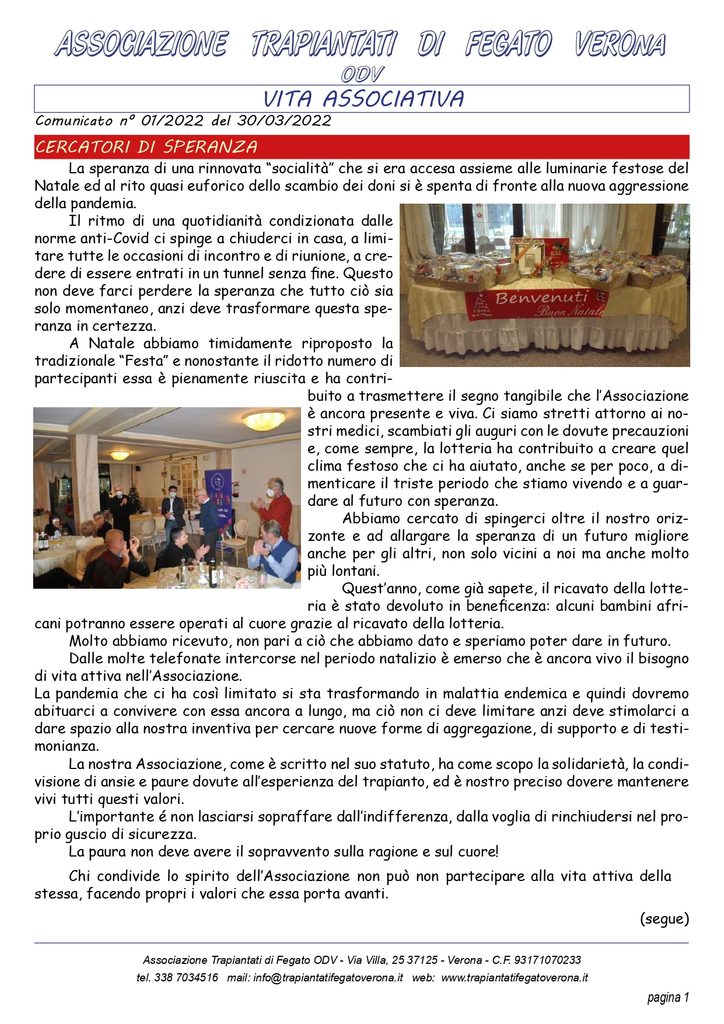 Associazione Trapiantati di Fegato Verona - Comunicato
marzo 2022