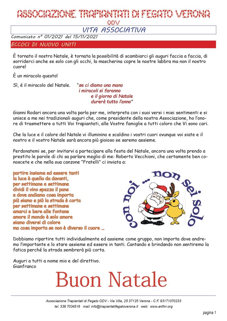 Associazione Trapiantati di Fegato Verona - Comunicato
novembre 2021