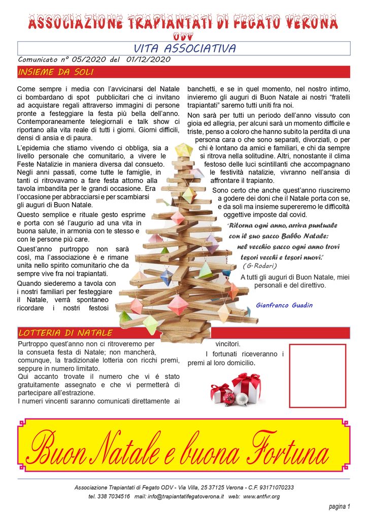 Associazione Trapiantati di Fegato Verona - Comunicato
dicembre 2020