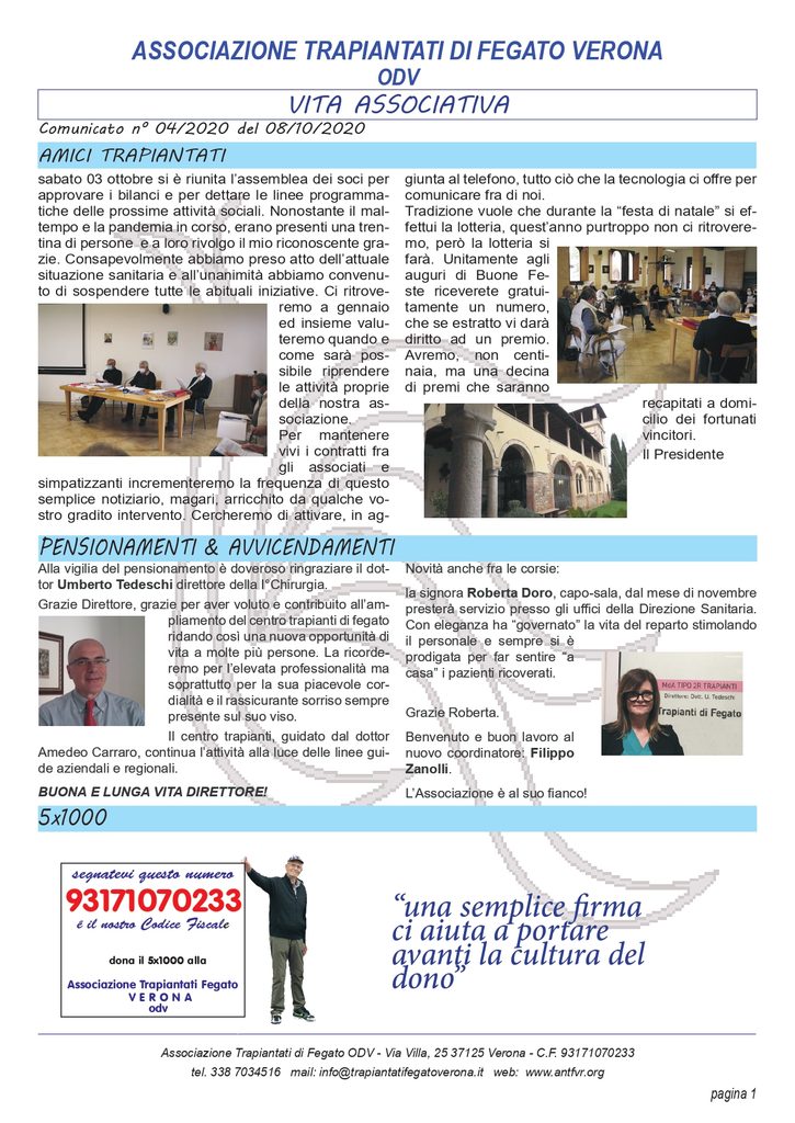 Associazione Trapiantati di Fegato Verona - Comunicato
ottobre 2020