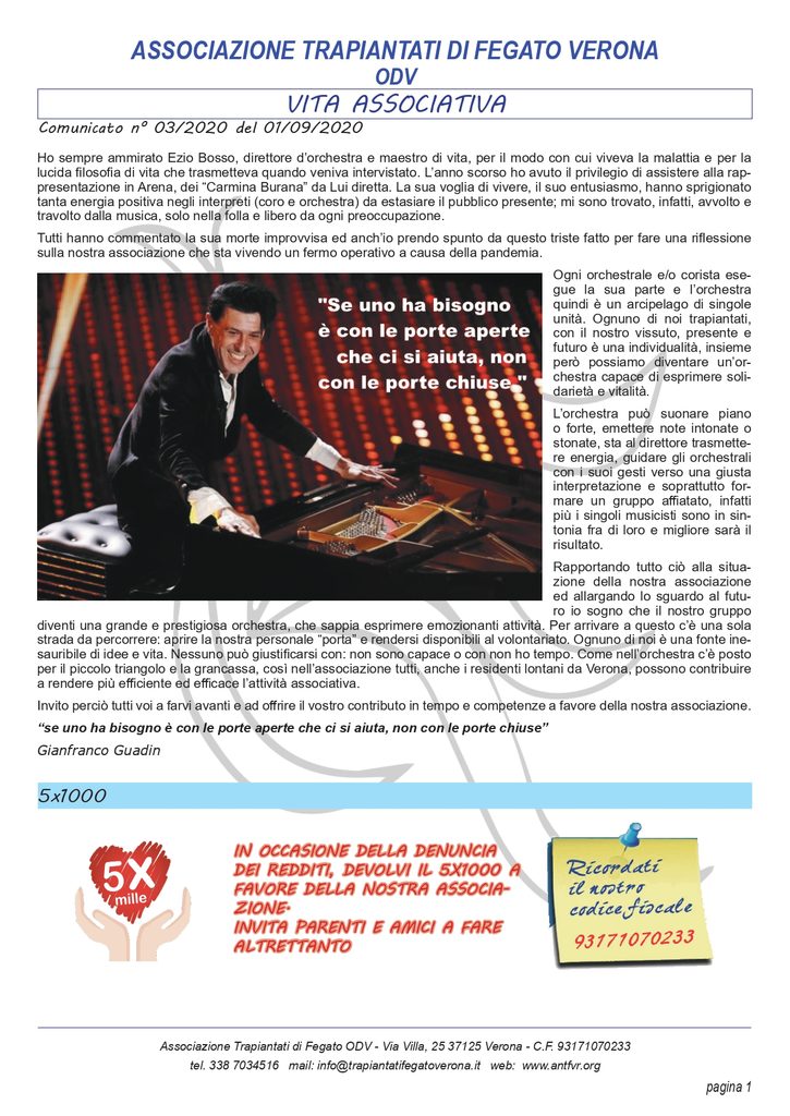 Associazione Trapiantati di Fegato Verona - Comunicato
settembre 2020